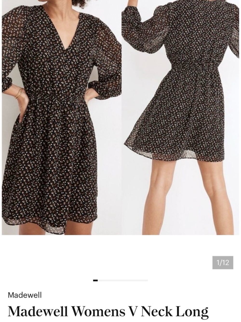 Madewell XL Black Floral V-Neck Long Sleeve Dress NWT